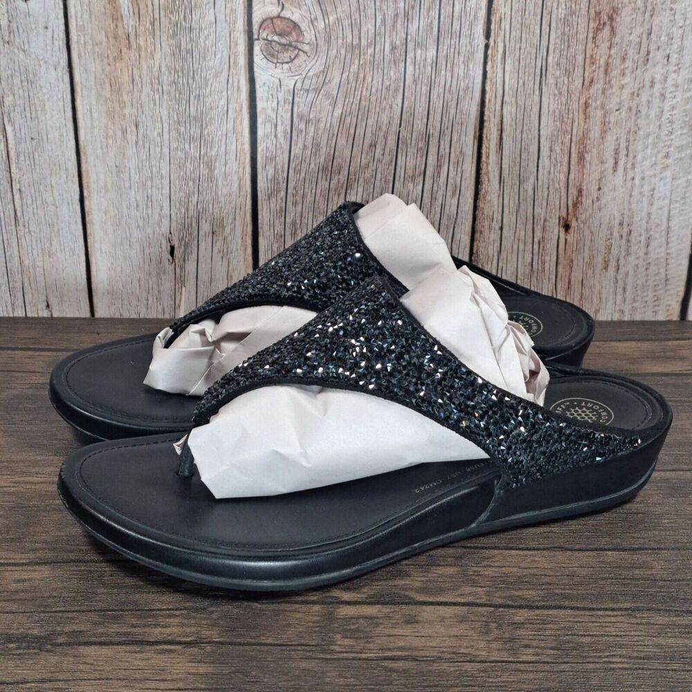 Fitflop Black Leather Sparkling Rhinestones T Strap Sandals Women's Size 7 (VGC)